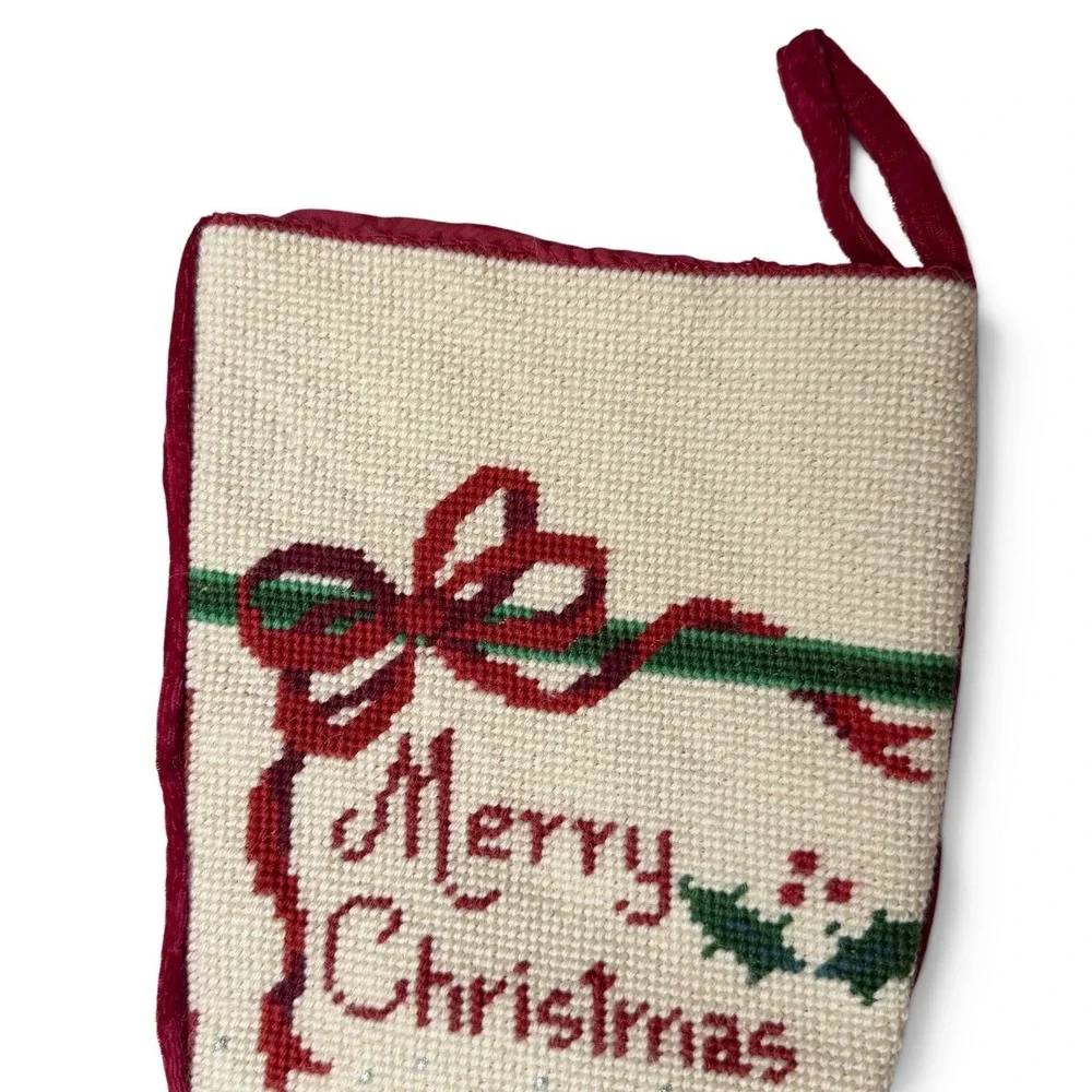Handmade Needlepoint Christmas Stocking 19in Santa Trees Red Velvet Lined